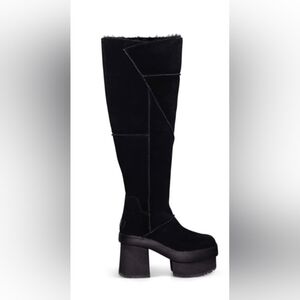 UGG New Heights Black faux shearling suede Platform Xtra knee high Boots size 11
